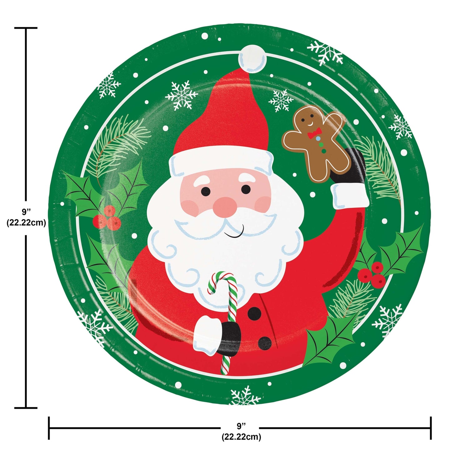Round Christmas-themed plate with Santa Claus holding a candy cane and gingerbread man, surrounded by greenery and snowflakes. Measurements included