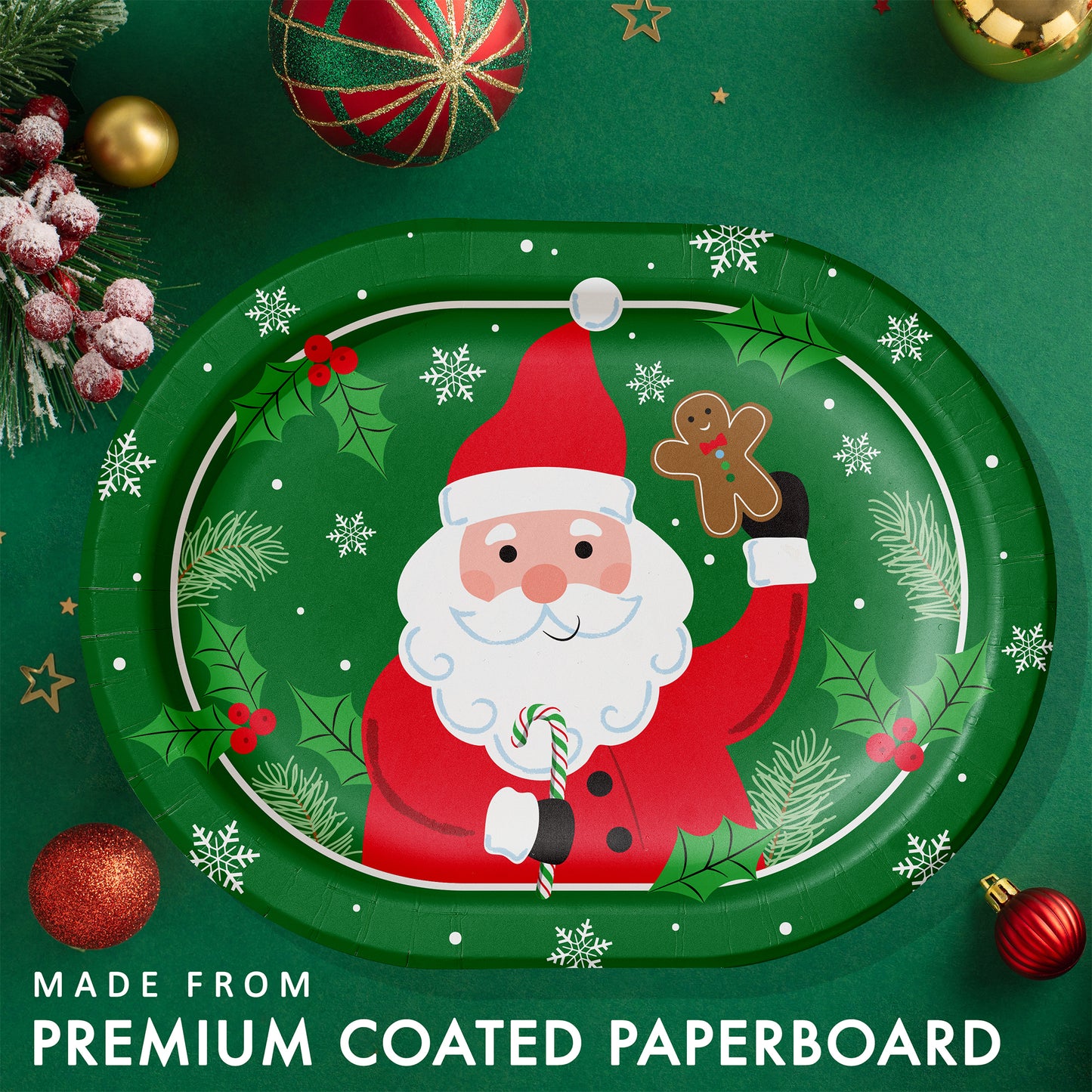 Christmas-themed plate with Santa Claus design on a green background with festive decorations surrounding it