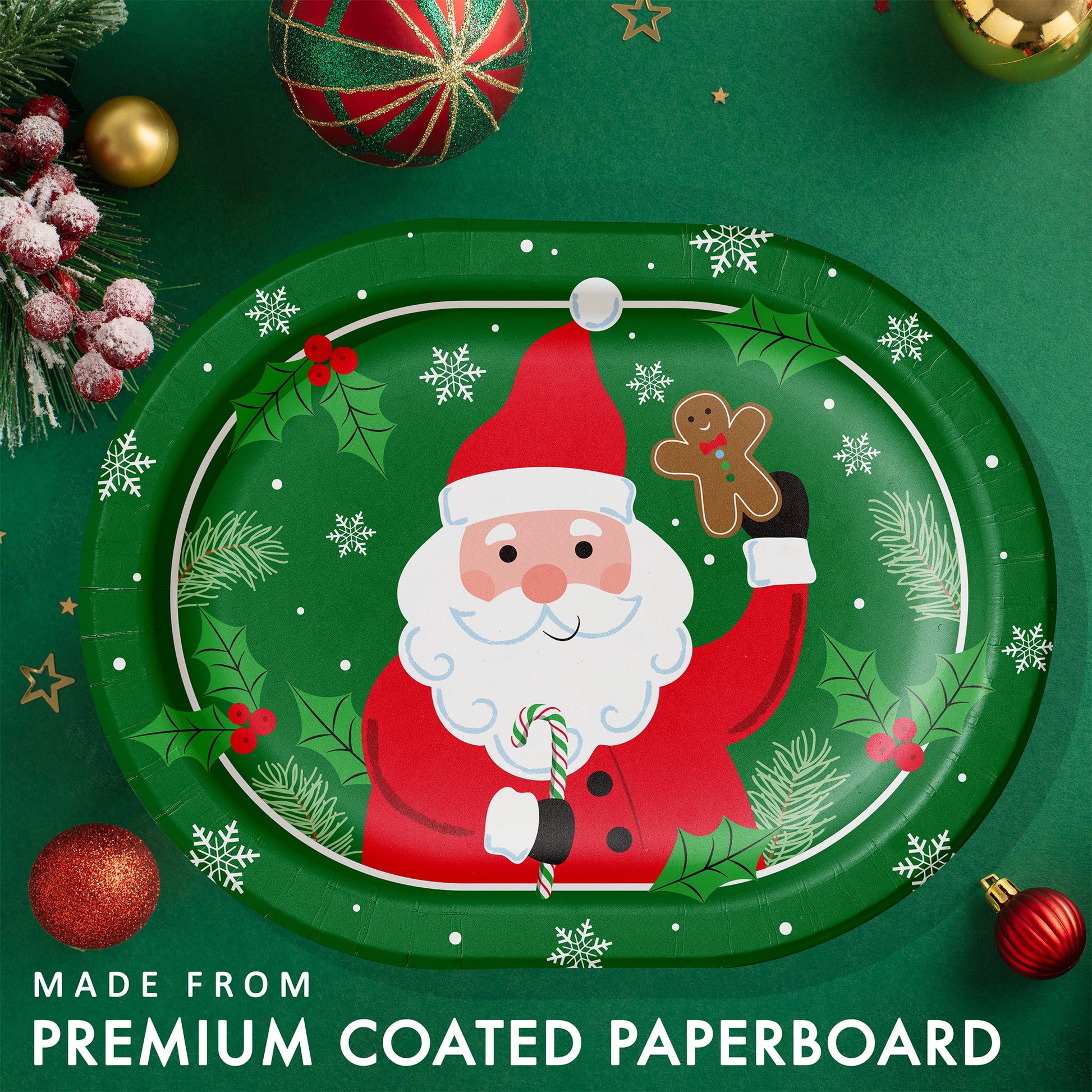 Christmas-themed plate with Santa Claus design on a green background with festive decorations surrounding it