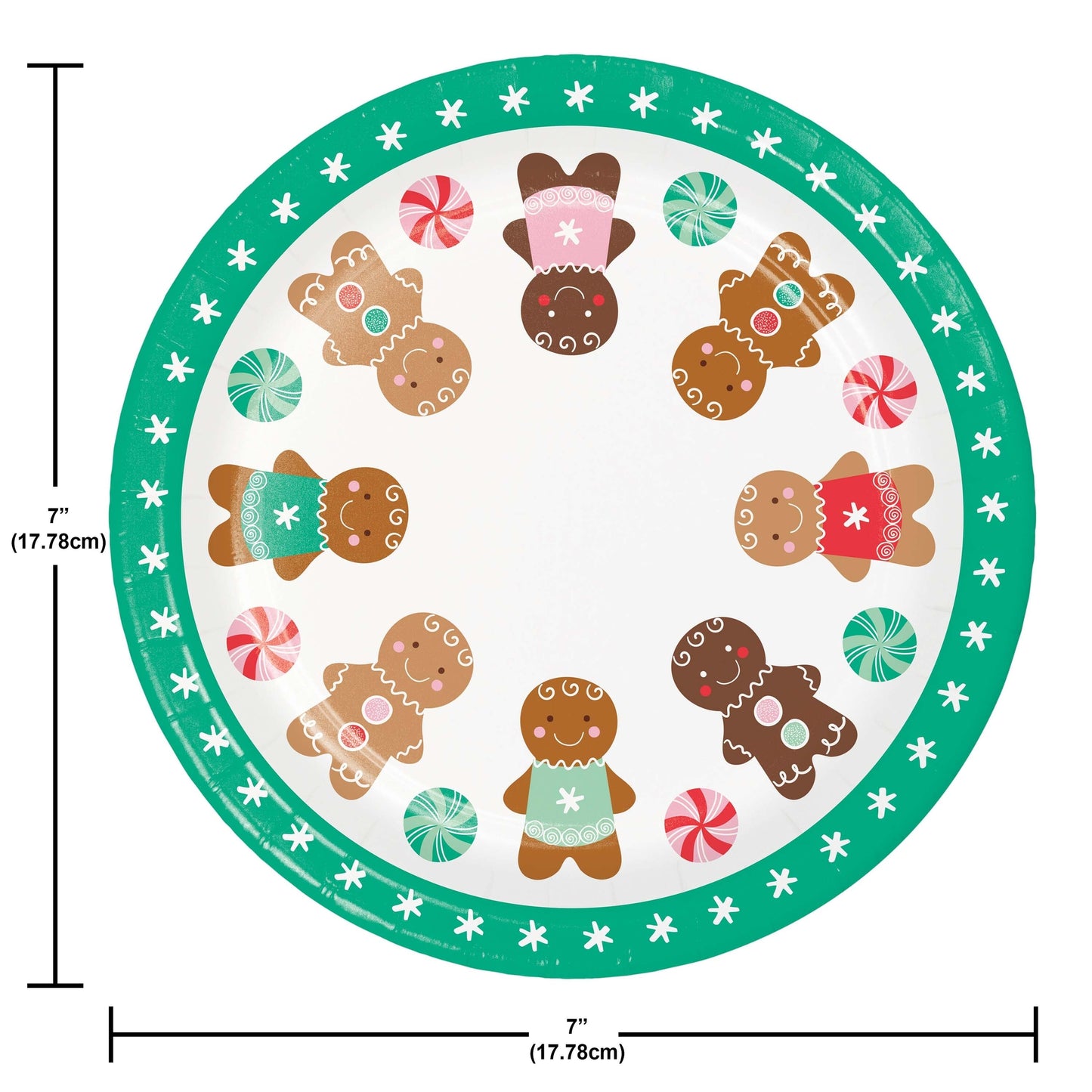 Round paper plate with gingerbread design and candy decorations with a teal rim on a white background. Measurements shown.