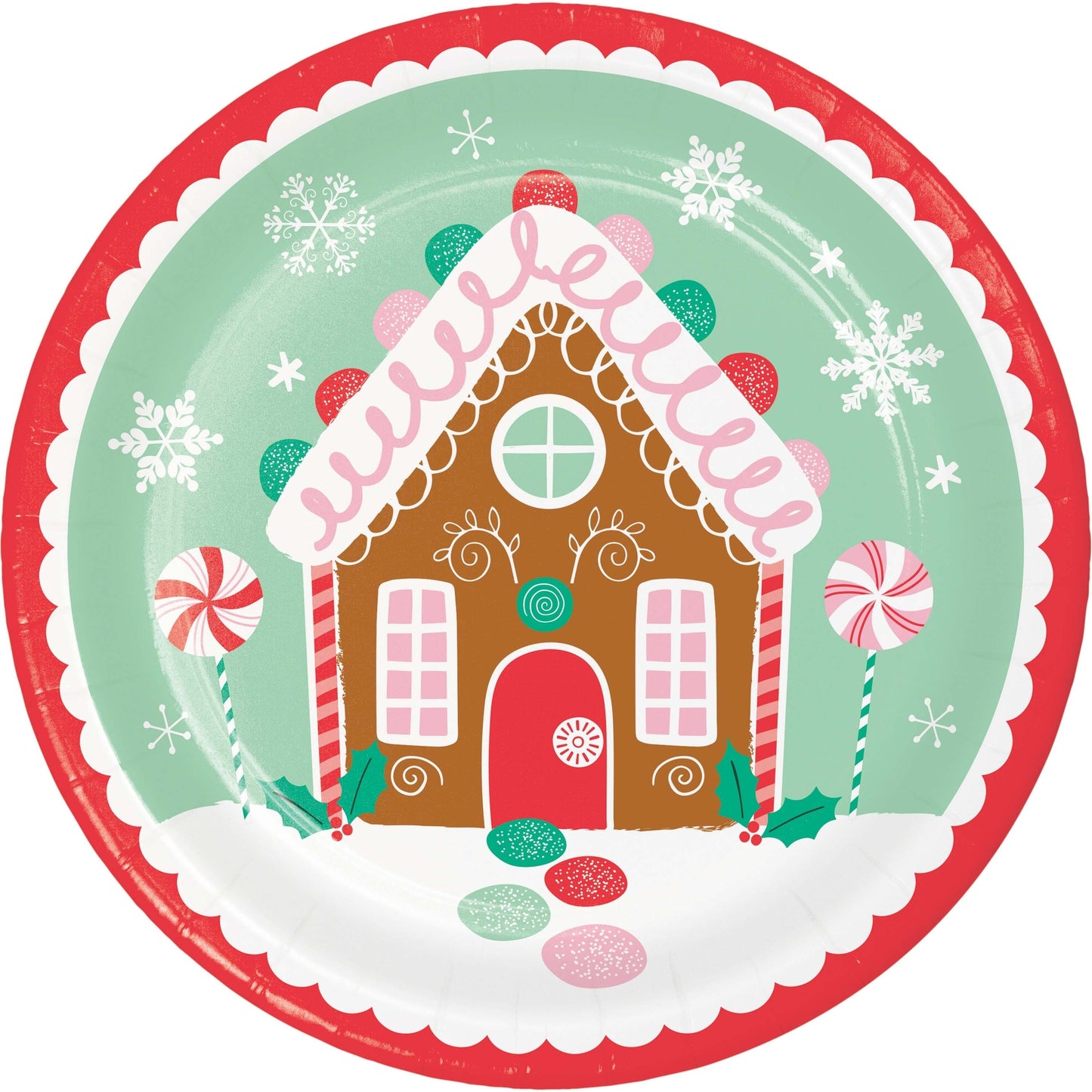 Gingerbread house design on a round paper plate with festive snowflakes.