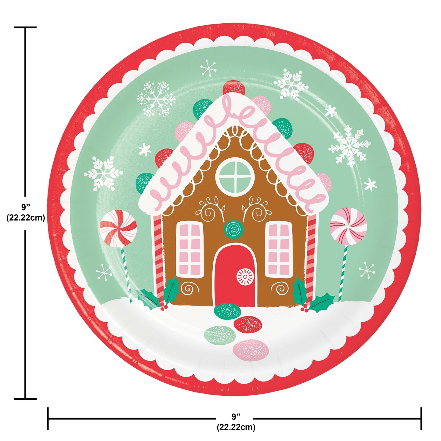Round plate with a gingerbread house design and measurements on a white background
