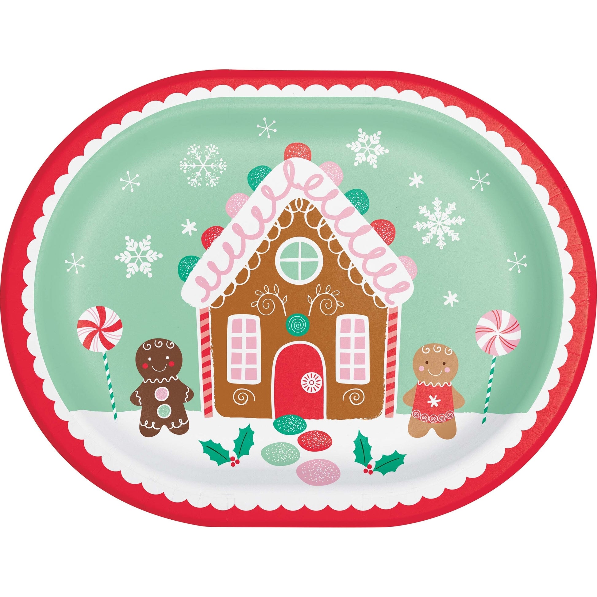 Oval decorative paper plate with a gingerbread house design and gingerbread men on a white background