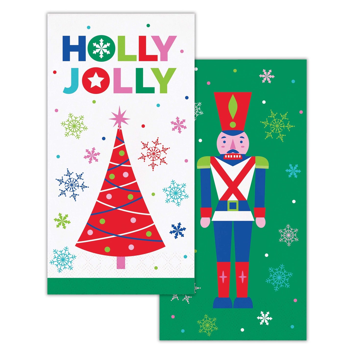 Joyful and Jolly Dinner Napkins 192 ct. Two Christmas-themed paper napkins featuring a nutcracker and a Christmas tree on a white background.