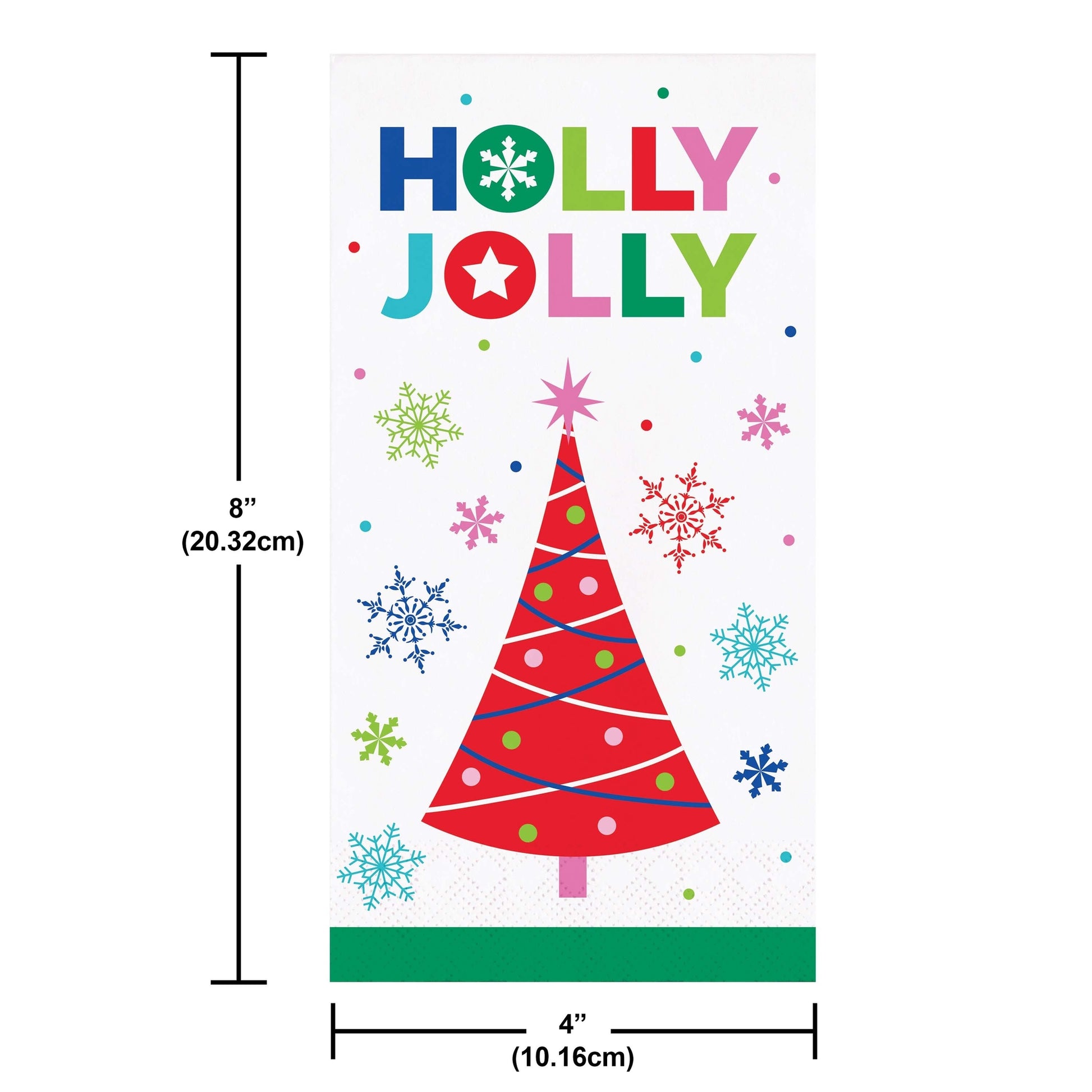 Joyful and Jolly Dinner Napkins 192 ct. 
Colorful Christmas-themed paper napkin with 'Holly Jolly' text and a red tree on a white background.