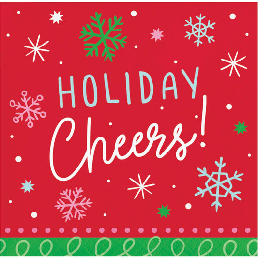 Holiday Frills Holiday Cheers Beverage Napkins 192 ct. Red paper napkin with 'Holiday Cheers!' text and snowflake designs on a red background