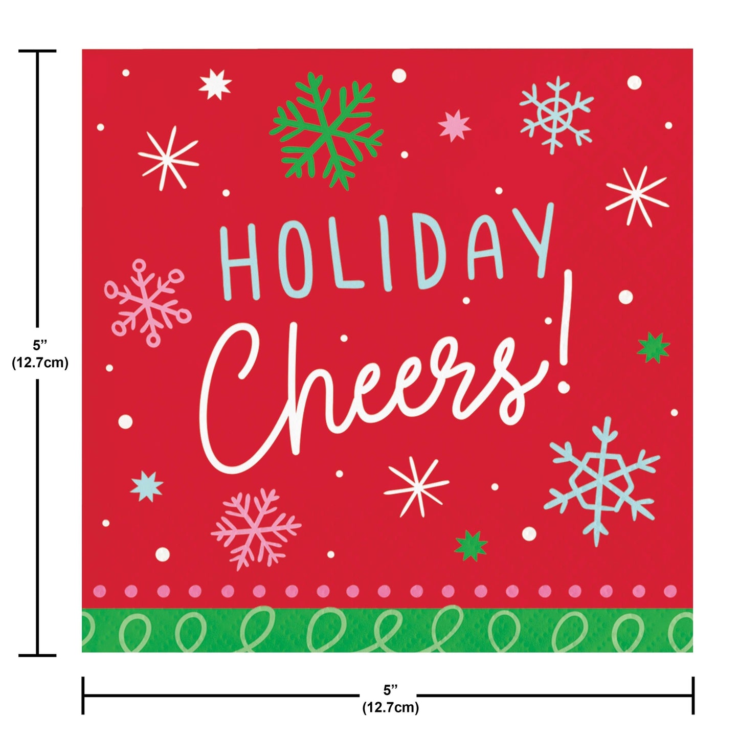 Holiday Frills Holiday Cheers Beverage Napkins 192 ct. Red paper napkin with 'Holiday Cheers!' text and colorful snowflakes on a white background