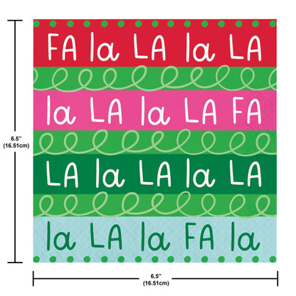 Holiday Frills Luncheon Napkins 192 ct. Colorful patterned sign with text 'FA la LA la LA' on a red, green, pink, and blue background.