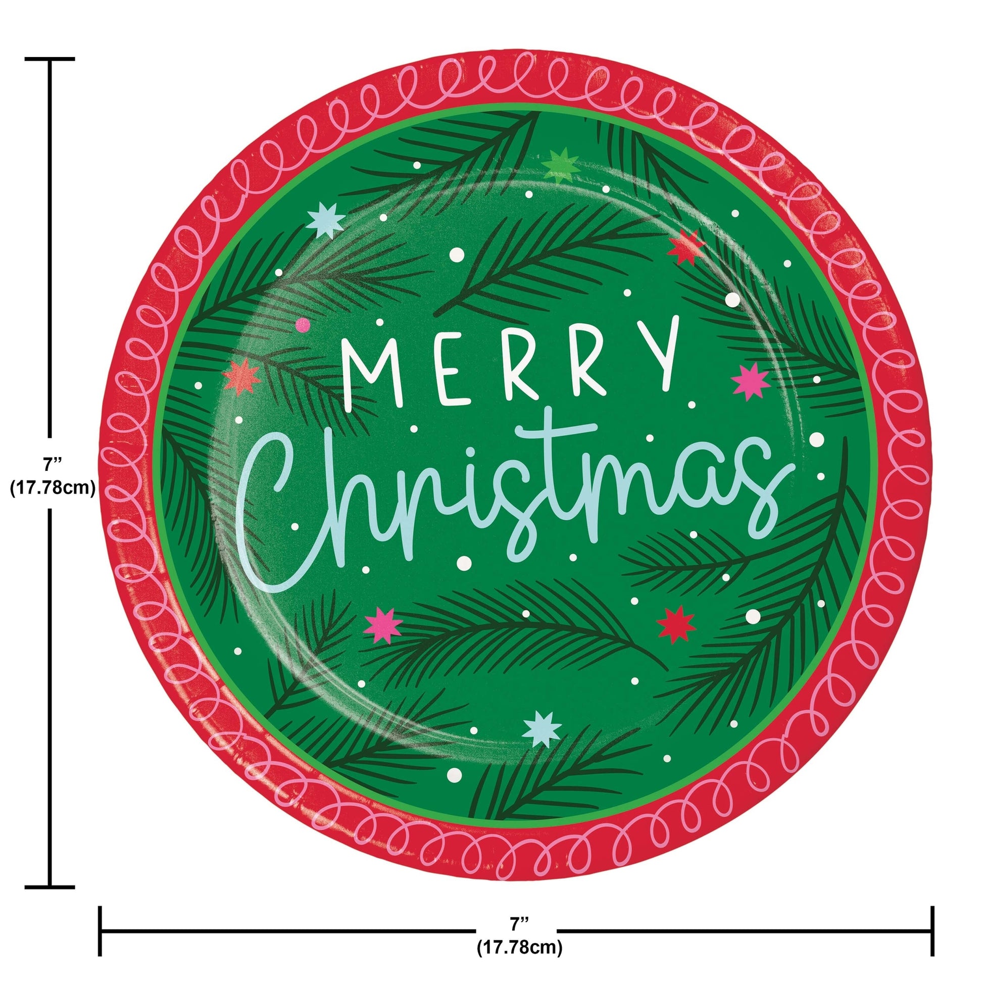 Holiday Frills Merry Christmas Dessert Paper Plates 96 ct. Green Christmas paper plate with 'Merry Christmas' text and festive design, shown with measurements.
