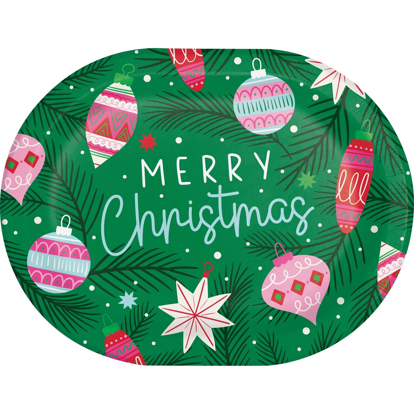 Holiday Frills Oval Dinner Paper Plates 96 ct. Decorative paper plate with Christmas ornaments and 'Merry Christmas' text on a green background