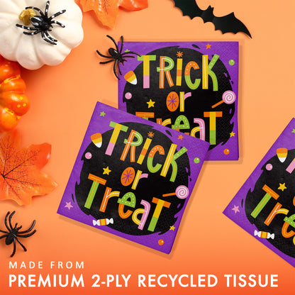 Glowing Ghouls Beverage Napkins 192 ct. Halloween-themed napkins with 'Trick or Treat' text on a colorful background.