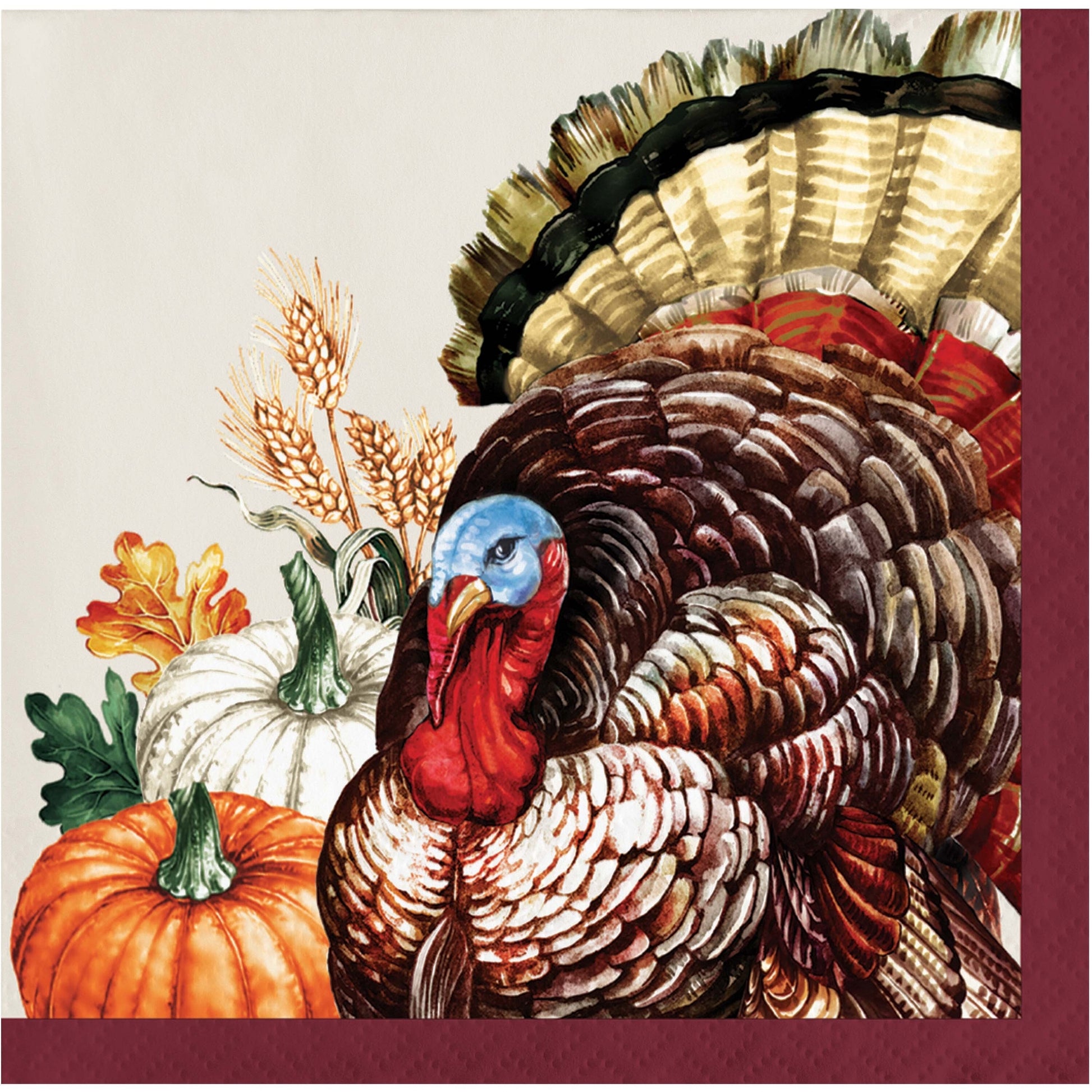 Vintage Turkey Beverage Napkins 192 ct. Decorative paper napkin with a turkey, pumpkins, and fall foliage on a beige background.