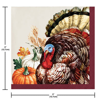 Vintage Turkey Beverage Napkins 192 ct. Decorative paper napkin with a turkey illustration and fall elements, including pumpkins and wheat, with measurements indicated.