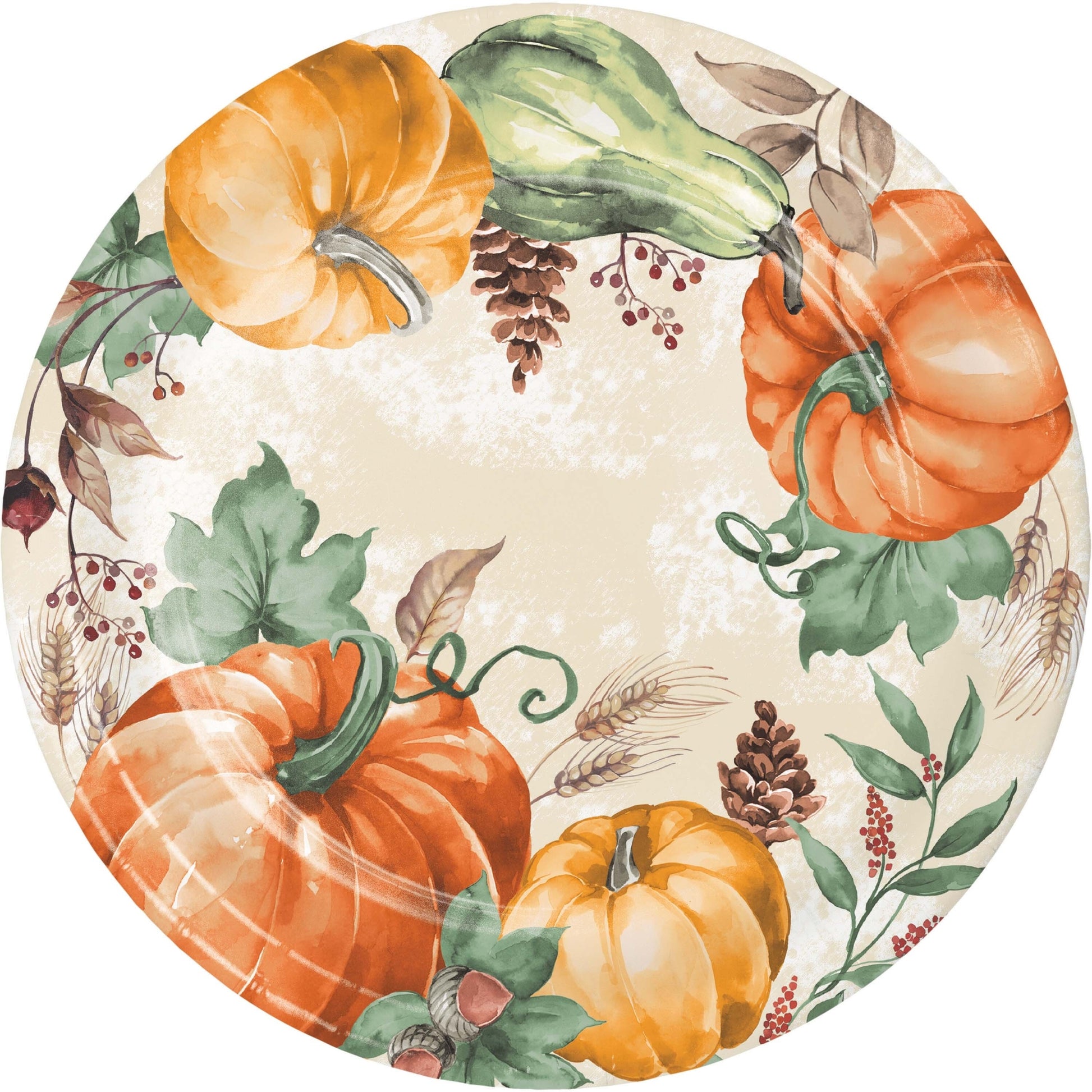 Harvest Delight Dinner Paper Plates 96 ct. Decorative plate with pumpkins and autumn leaves on a beige background