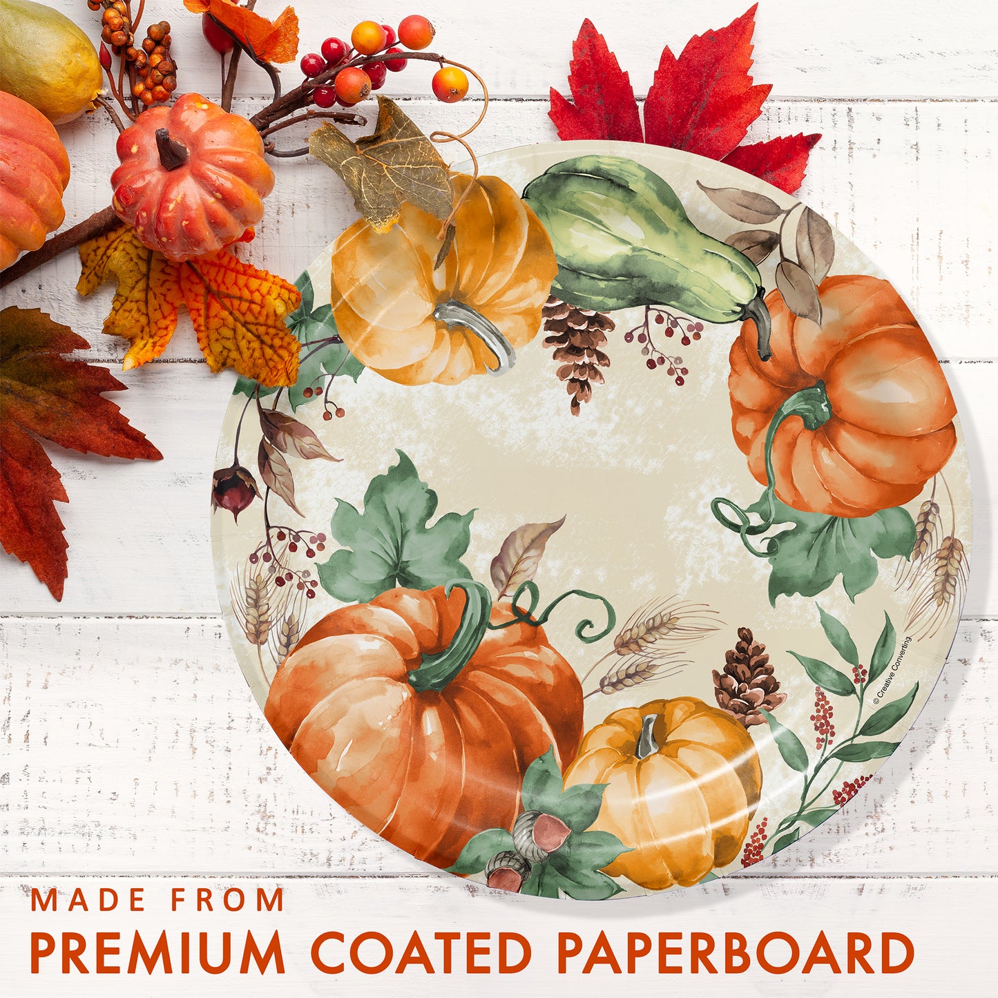 Harvest Delight Dinner Paper Plates 96 ct. Decorative paper plate with pumpkins and leaves on a white wooden surface.