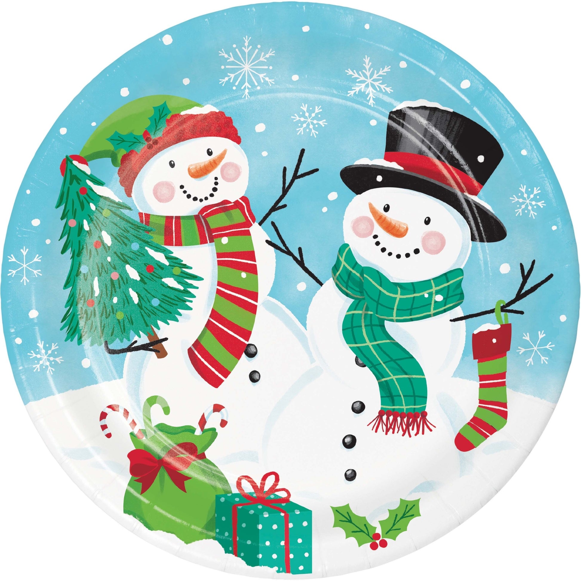 Frosty Friends Dinner Paper Plates 96 ct. Paper plate with 2 snowmen surrounded by Christmas presents and snowflakes