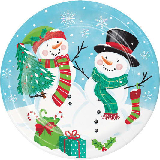 Frosty Friends Dinner Paper Plates 96 ct. Paper plate with 2 snowmen surrounded by Christmas presents and snowflakes
