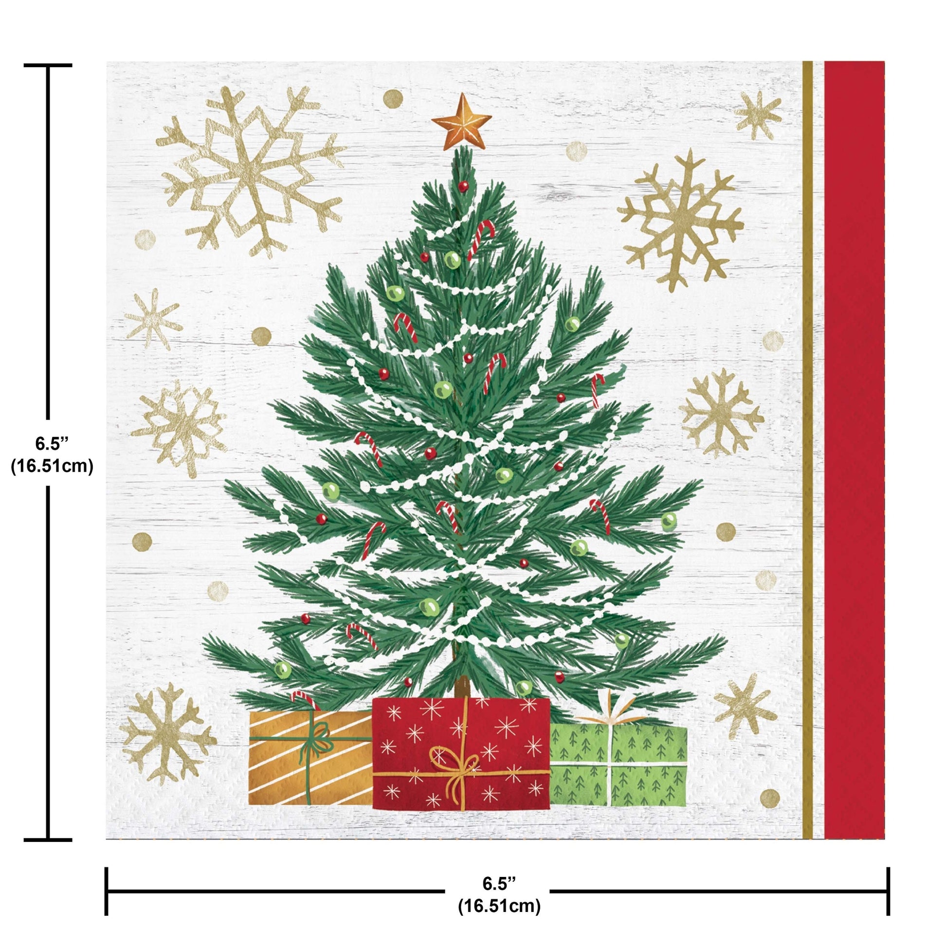 Decorative Christmas paper napkin with a green Christmas tree, presents, and gold snowflakes on a white background. Measurements shown.