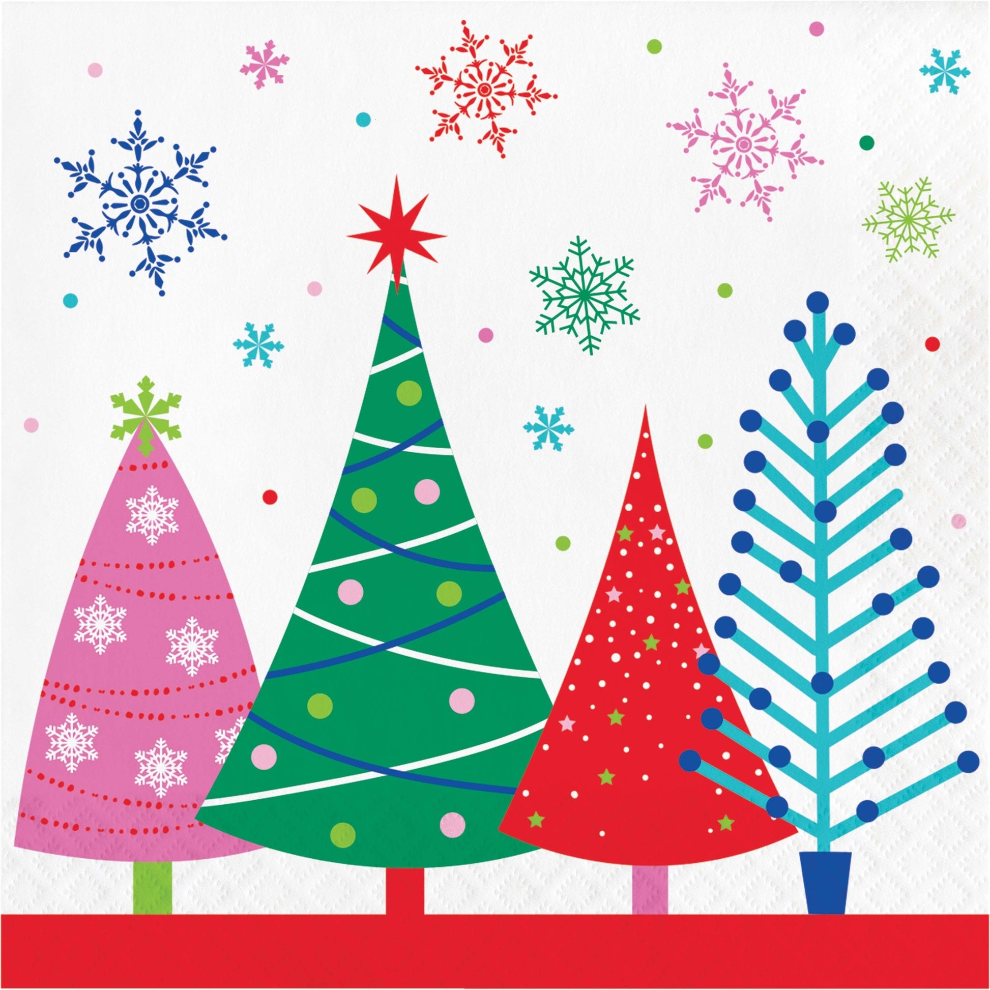 Joyful and Jolly Luncheon Napkins 192 ct. Paper napkins with colorful Christmas trees with snowflakes on a white background