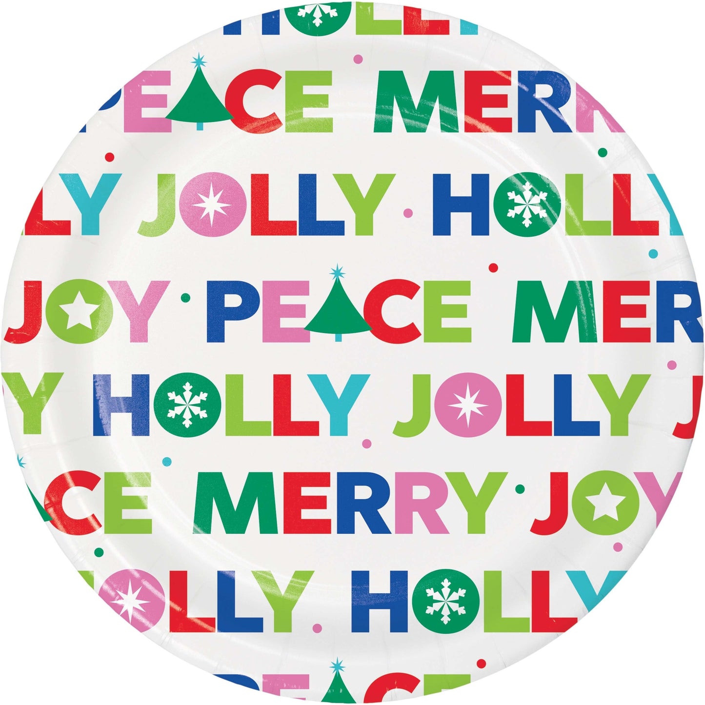 Joyful and Jolly Dessert Paper Plates 96 ct. Round paper plate with colorful Christmas-themed text on a white background