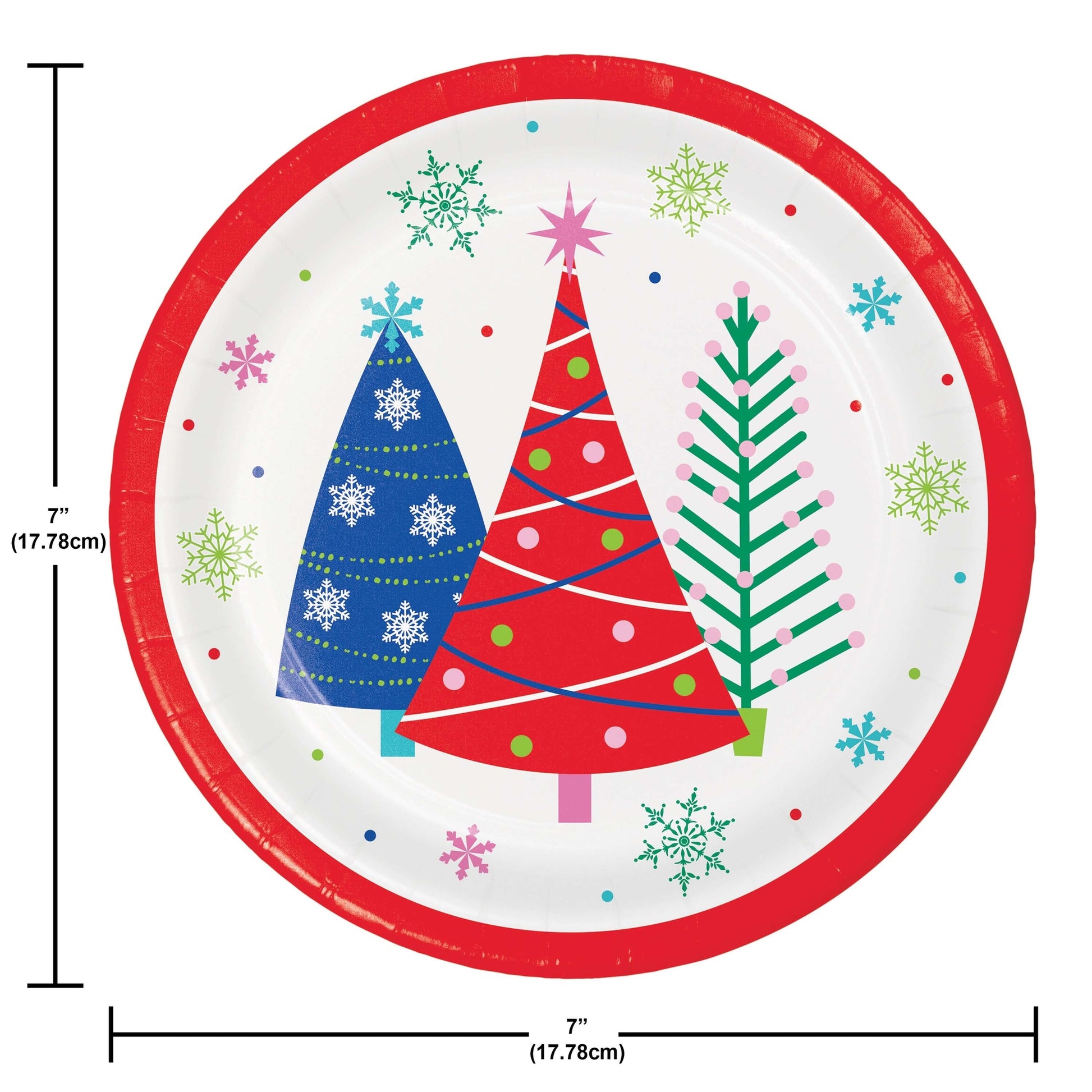 Joyful and Jolly Dessert Paper Plates 96 ct. Round paper plate with colorful Christmas tree design and red border, size 7".