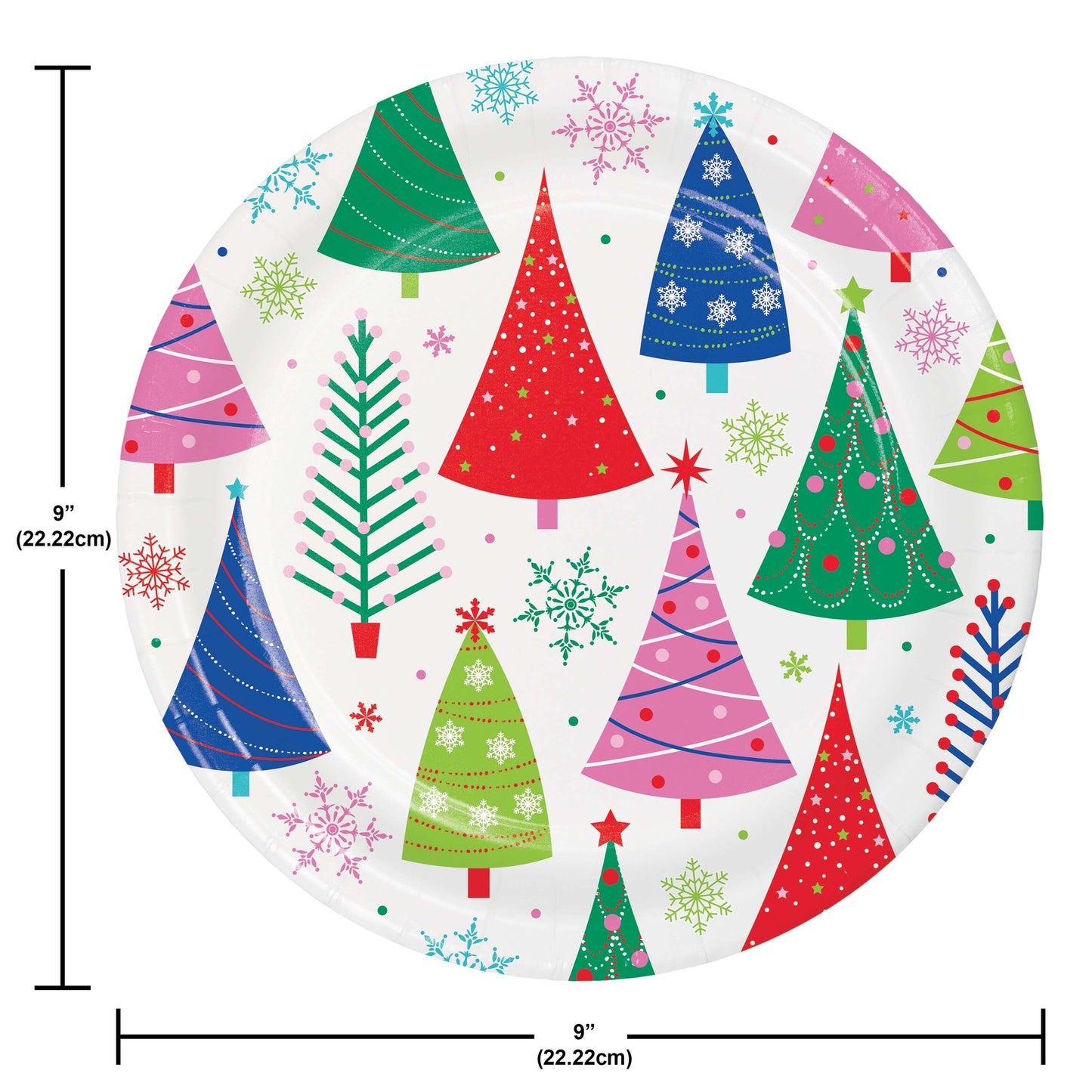 Joyful and Jolly Dinner Paper Plates 96 ct. Round paper plate with colorful Christmas tree design and measurements on a white background