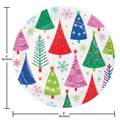 Joyful and Jolly Dinner Paper Plates 96 ct. Round paper plate with colorful Christmas tree design and measurements on a white background