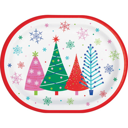 Joyful and Jolly Oval Dinner Paper Plates 96 ct. Oval-shaped plate with colorful Christmas tree design and red rim