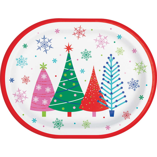 Joyful and Jolly Oval Dinner Paper Plates 96 ct. Oval-shaped plate with colorful Christmas tree design and red rim