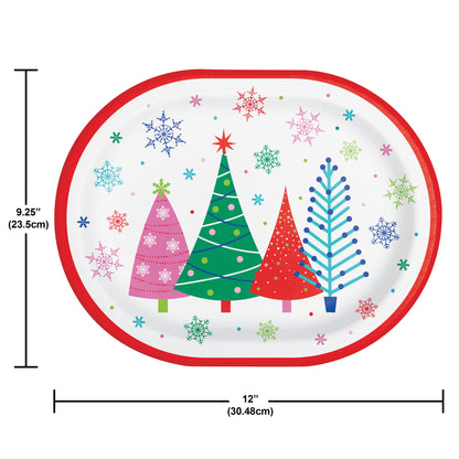 Joyful and Jolly Oval Dinner Paper Plates 96 ct. Round paper plate with colorful Christmas tree design and snowflakes, with measurements indicated.