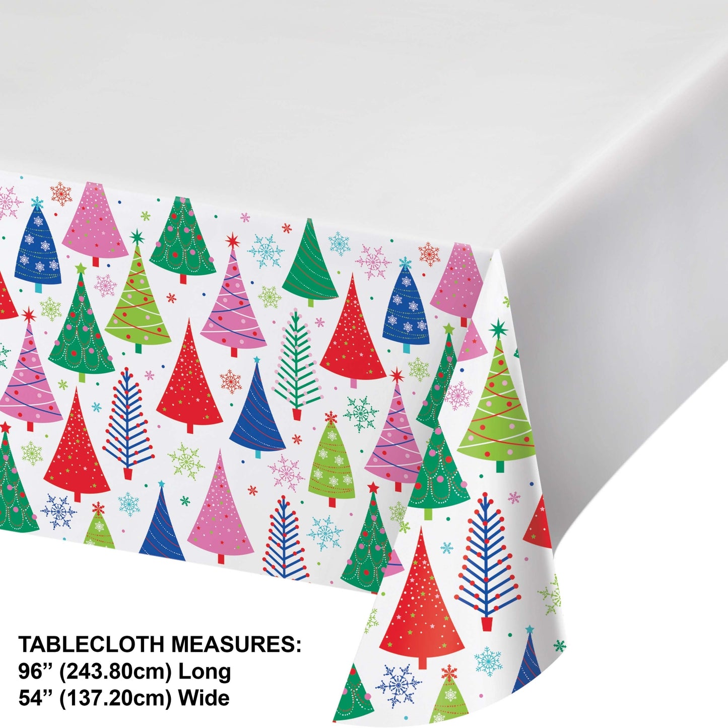 Joyful and Jolly Paper Tablecloths 12 ct. Colorful Christmas tree patterned paper tablecloth on a white background