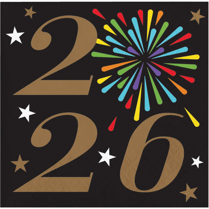 Black napkin with gold numbers '2026' and colorful fireworks, stars on a black background