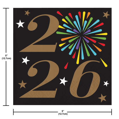 Black napkin with gold numbers '2026' and colorful fireworks, stars on a black background. Measurements included.