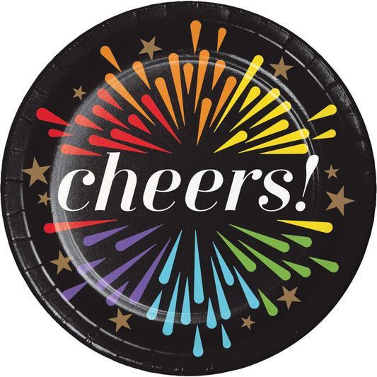 Black paper plate with colorful 'cheers!' design on a white background