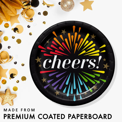 Black paper plate with colorful 'cheers!' design surrounded by festive gold decorations on a white background.
