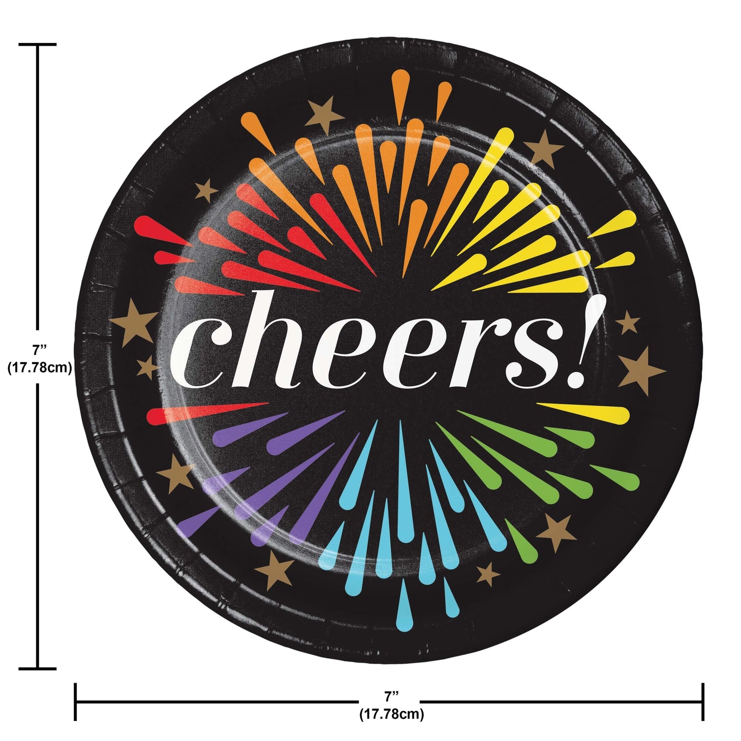 Black paper plate with colorful 'cheers!' design and star decorations, shown with measurements.