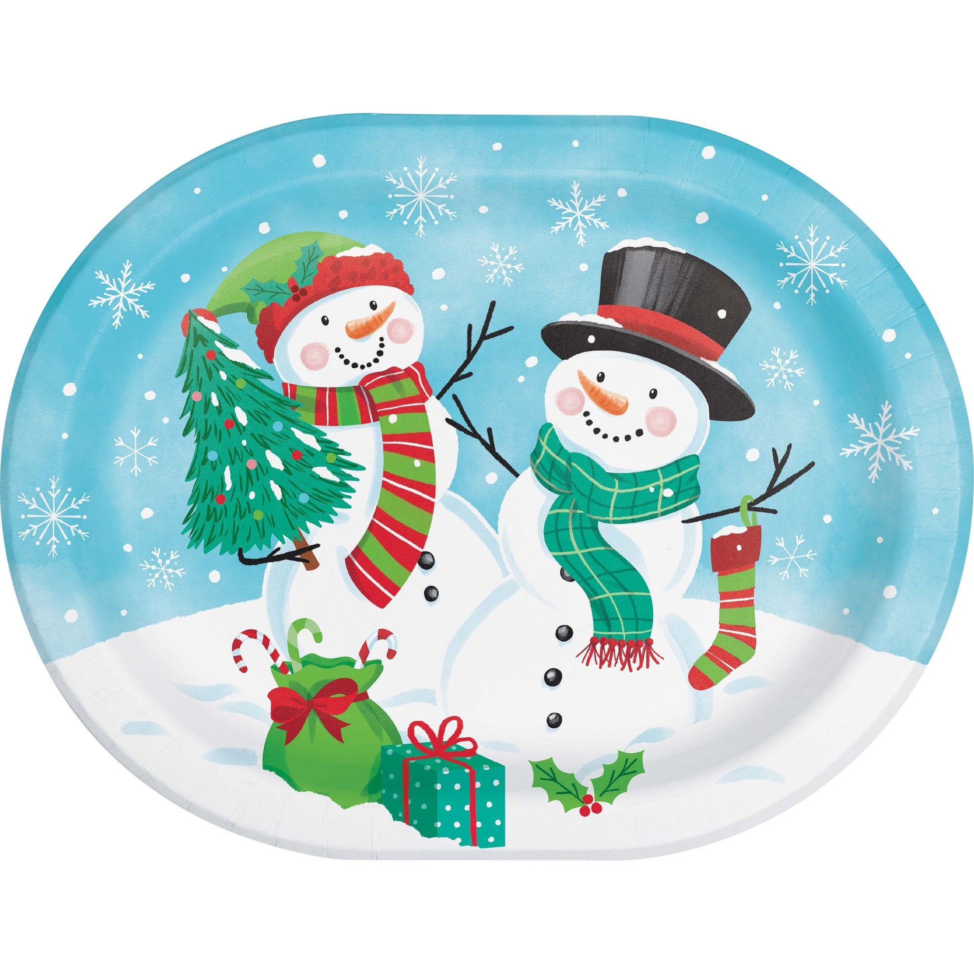 Frosty Friends Oval Dinner Paper Plates 96 ct. Oval paper plate with 2 snowmen surrounded by Christmas gifts and snowflakes