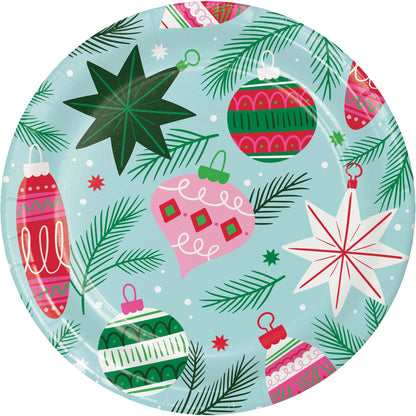 Holiday Frills Dinner Paper Plates 96 ct. Round paper plate with Christmas-themed design featuring ornaments and stars on a light blue background.