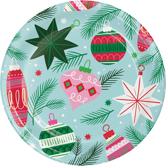 Holiday Frills Dinner Paper Plates 96 ct. Round paper plate with Christmas-themed design featuring ornaments and stars on a light blue background.