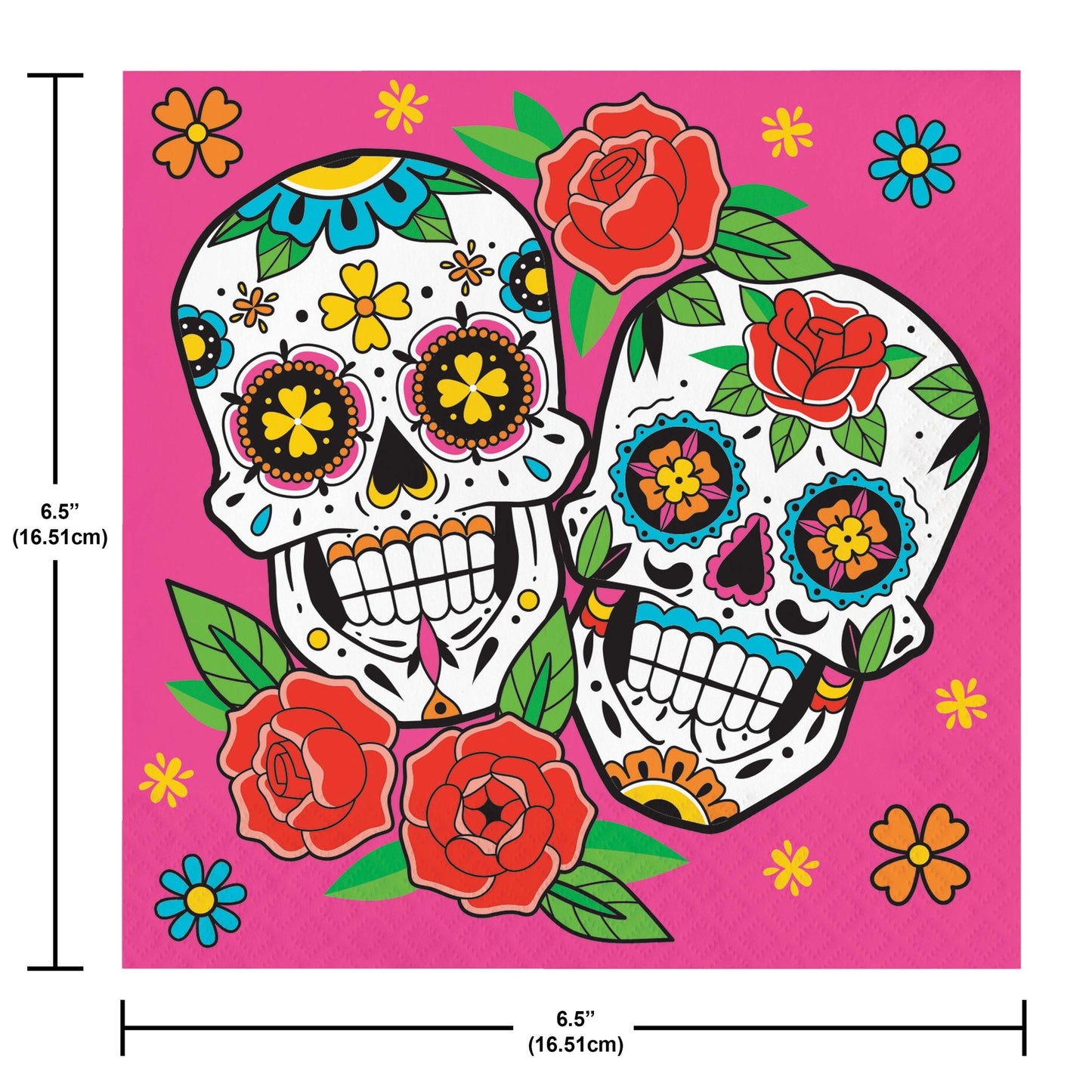 Skelebration Luncheon Napkins 192 ct. Colorful sugar skull design with flowers on a pink background, with measurements indicated.