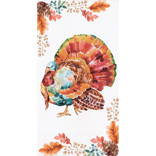 Tasteful Turkey Dinner Napkins 192 ct. Colorful turkey design with autumn leaves on a white background