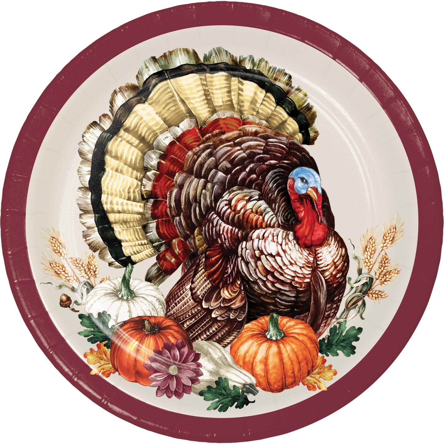 Vintage Turkey Dessert Paper Plates 96 ct. Decorative paper plate with a turkey design and fall elements on a white background