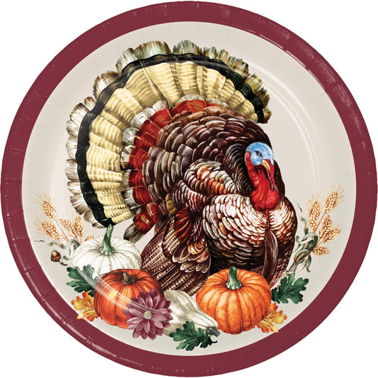 Vintage Turkey Dessert Paper Plates 96 ct. Decorative paper plate with a turkey design and fall elements on a white background