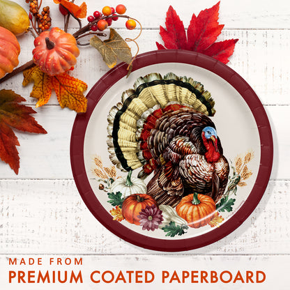 Vintage Turkey Dessert Paper Plates 96 ct. Decorative paper plate with a turkey design on a white wooden surface with fall-themed elements.