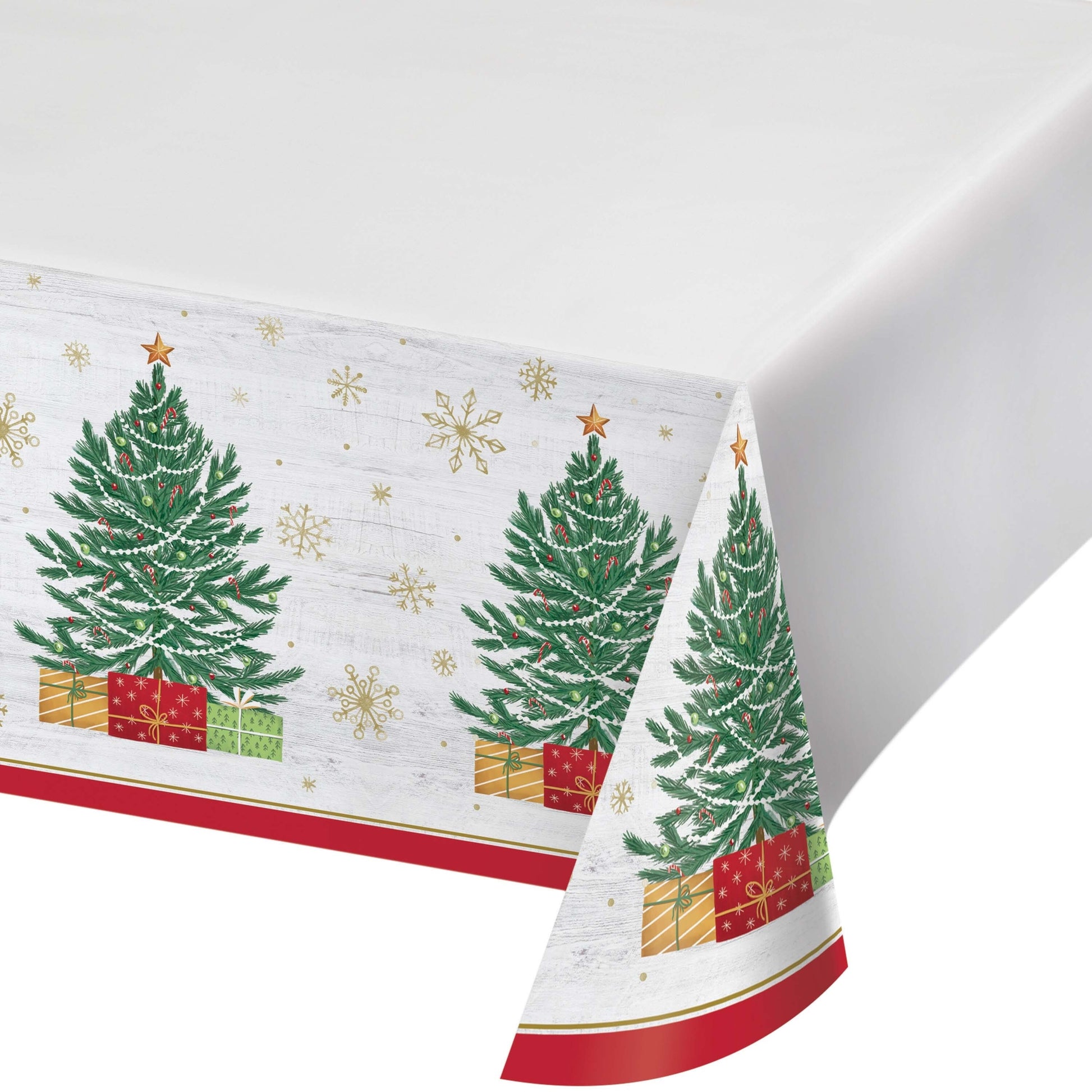 Christmas-themed paper tablecloth with trees and presents on a white background