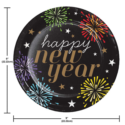 Round paper plate with 'happy new year' text and colorful fireworks design on a black background, with measurements indicated.