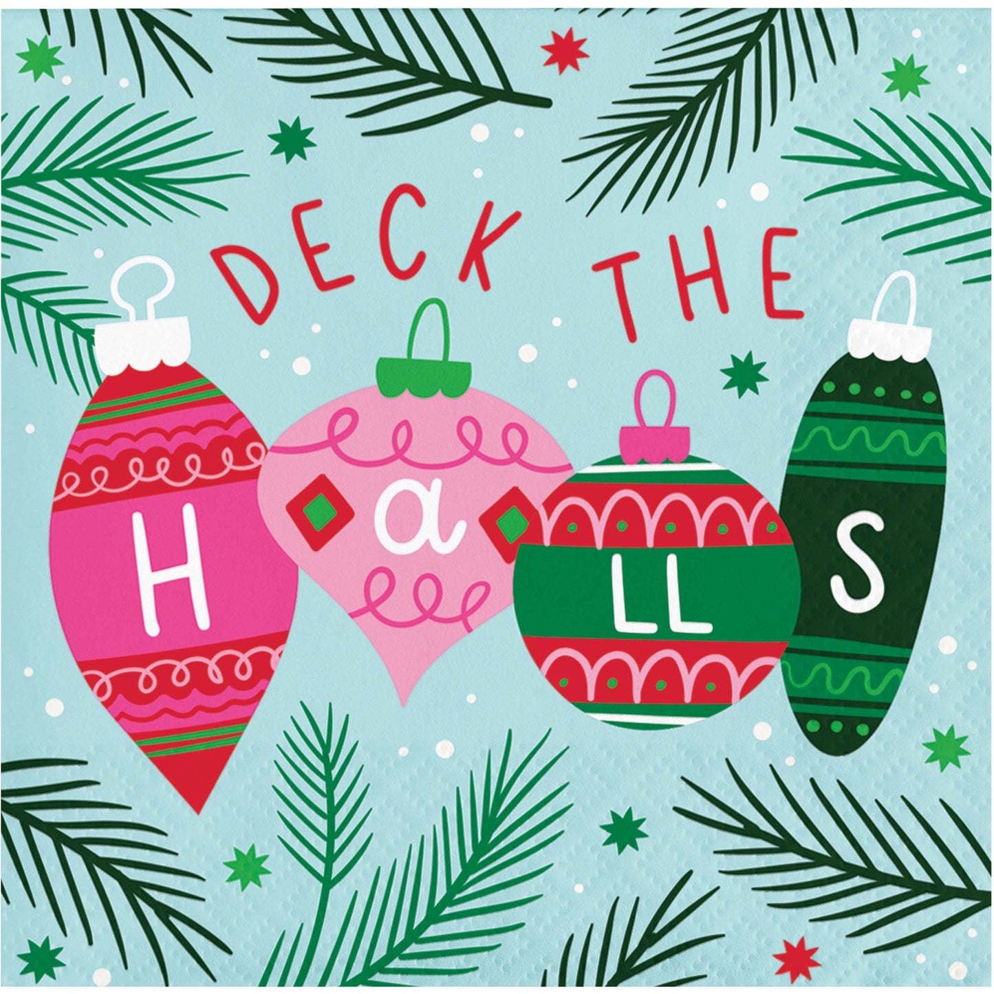 Holiday Frills Deck the Halls Beverage Napkins 192 ct. Decorative Christmas paper napkin with colorful ornaments and festive "Deck the Halls" text on a blue background.