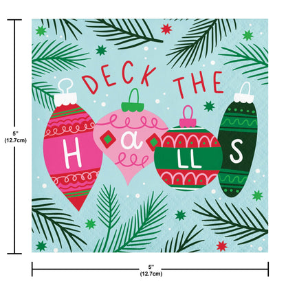 Holiday Frills Deck the Halls Beverage Napkins 192 ct. Christmas-themed decorative paper napkins with ornaments and 'Deck the Halls' text on a blue background.