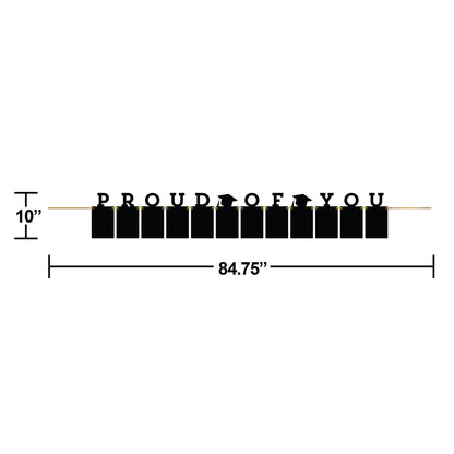 Black graduation banner with text 'PROUD OF YOU' and measurement details on a white background