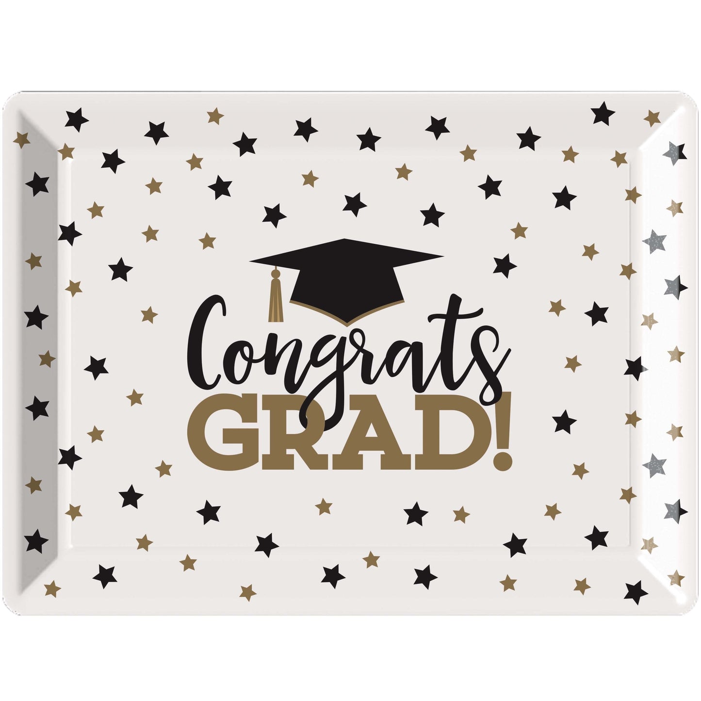 Decorative plastic tray with 'Congrats Grad!' text and graduation cap design on a white background with star patterns.